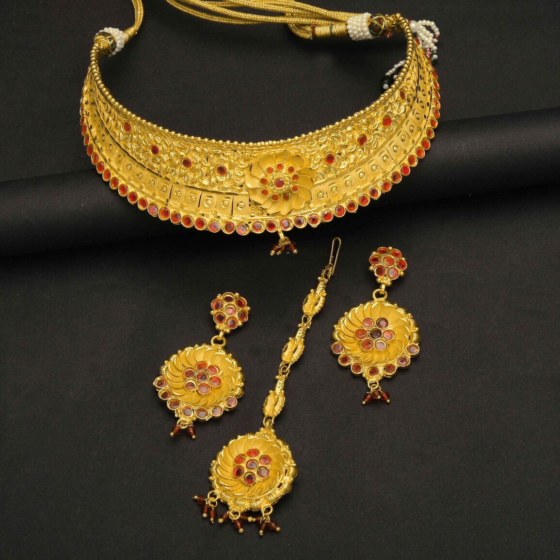 Gold plated necklace with flower type red stone and big ear rings set