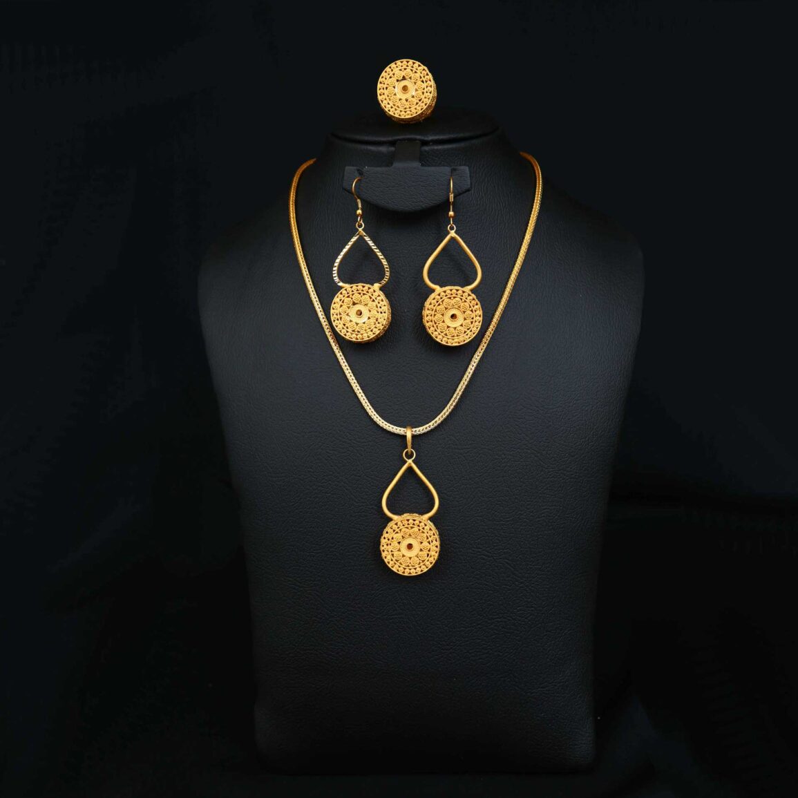 Gold plated long thin chain necklace set with ear rings