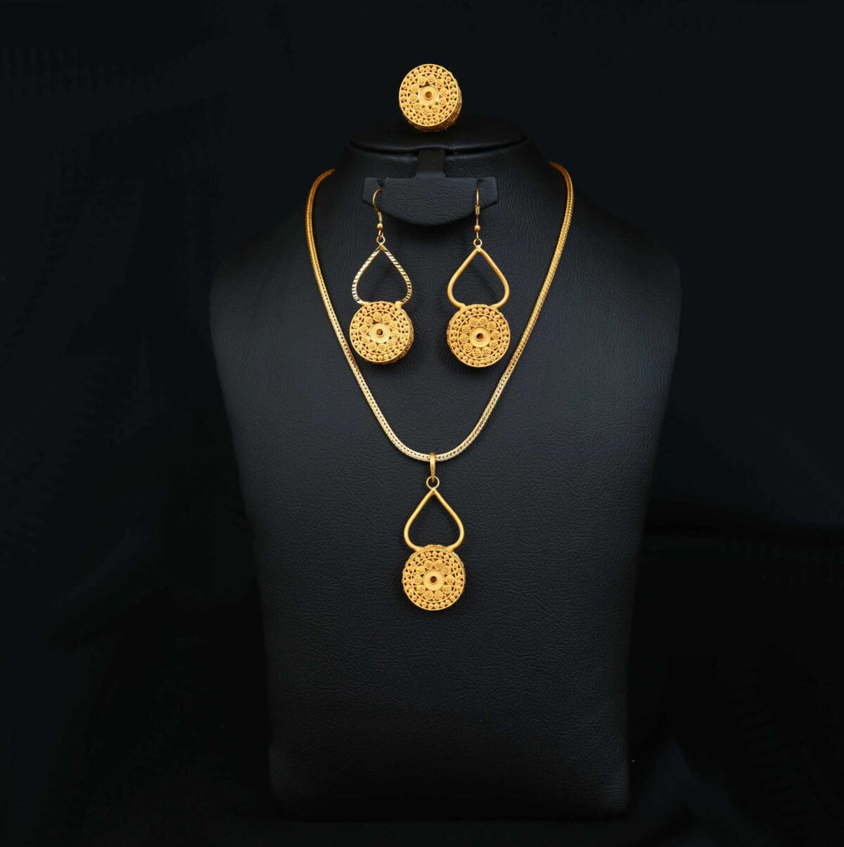 Gold plated long thin chain necklace set with ear rings