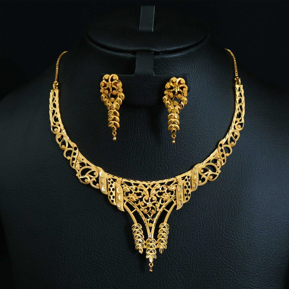 Long type gold plated necklace set with ear rings
