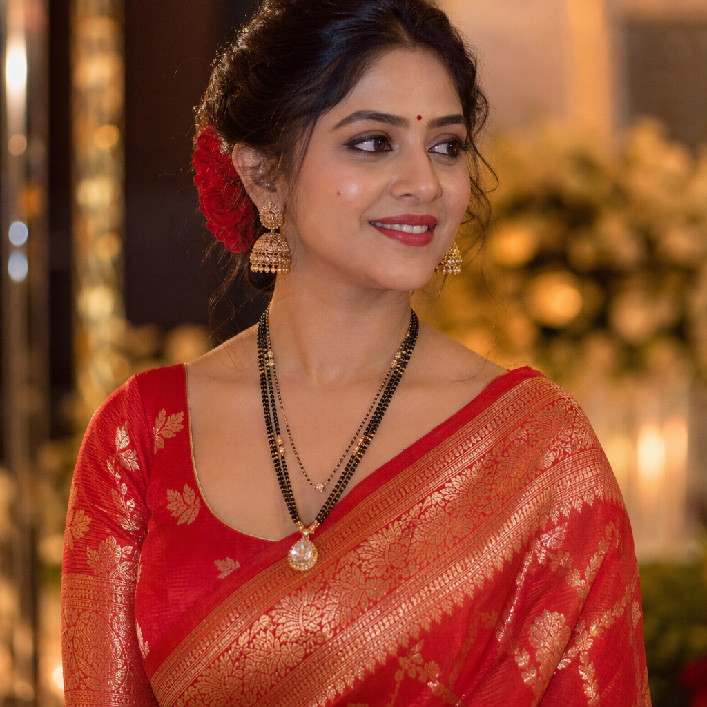Indian bride in a red Banarasi saree wearing a layered black bead gold mangalsutra with a solitaire pendant at a wedding reception, warm lighting, photorealistic, no text