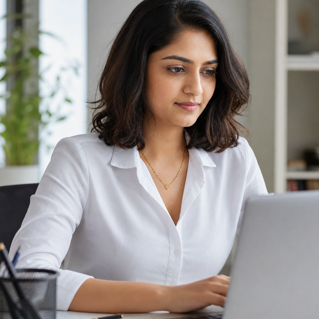 Indian woman in a crisp white office shirt at a desk wearing a fine collarbone-length gold mangalsutra with tiny geometric pendant, natural daylight, photorealistic, no text
