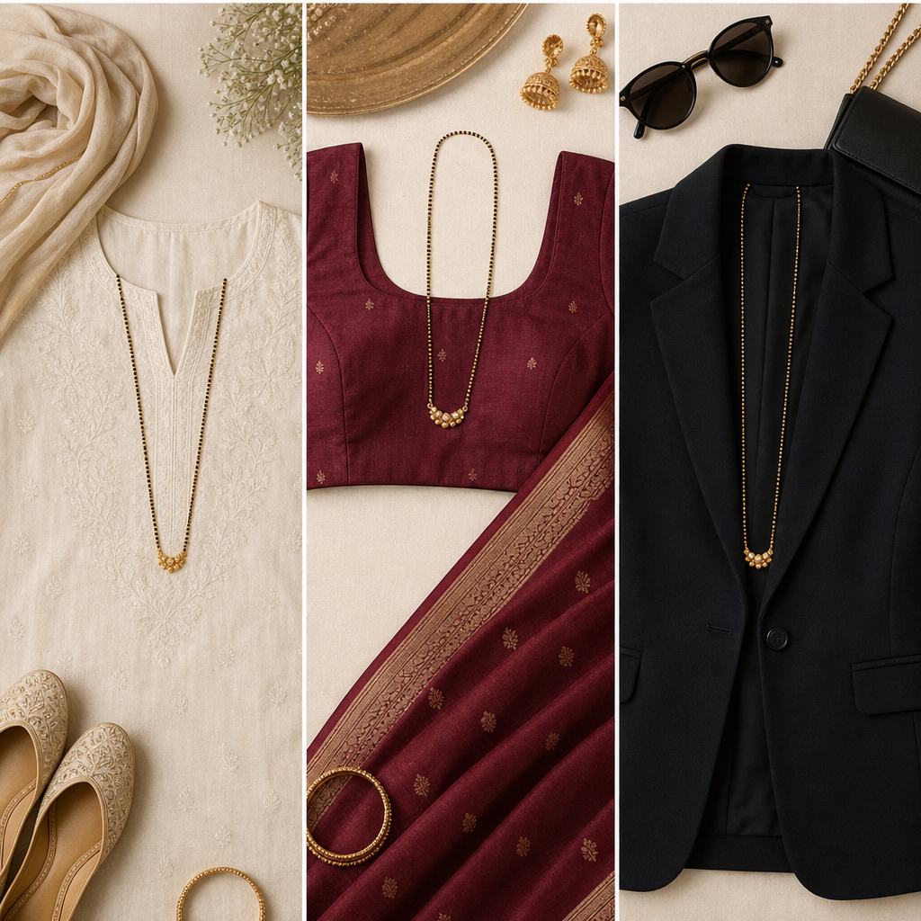 Flat lay of outfits — kurta, saree blouse, blazer — each paired with a different length gold mangalsutra, styling board look, photorealistic, no text