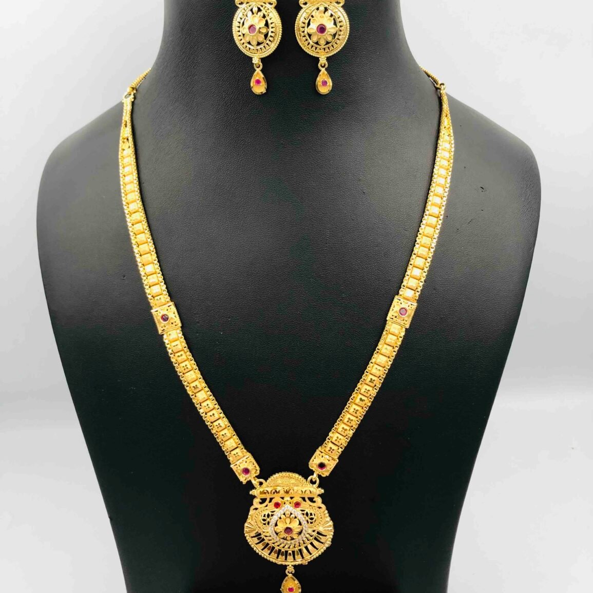Gold-Plated Mini Long Necklace Set with Red Stones