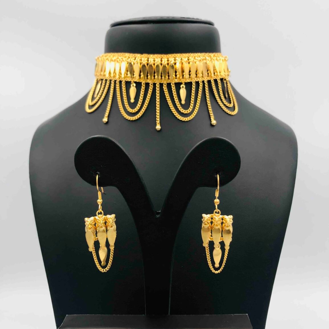 Gold-Plated Drop Choker Necklace with Matching Earrings