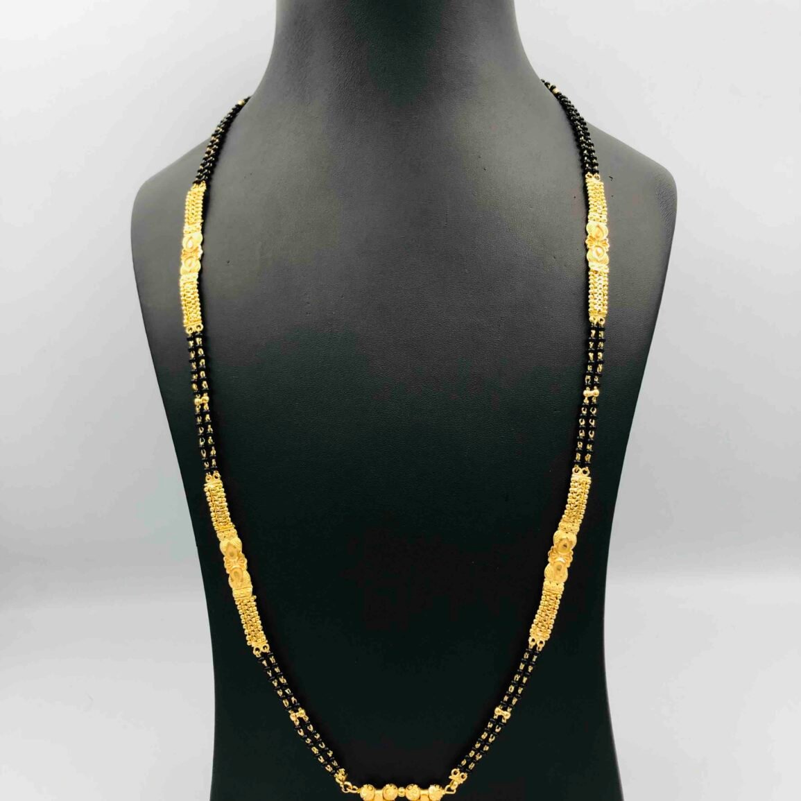 Gold-Plated Long Black Bead Mangalsutra with Twin Round Pendant