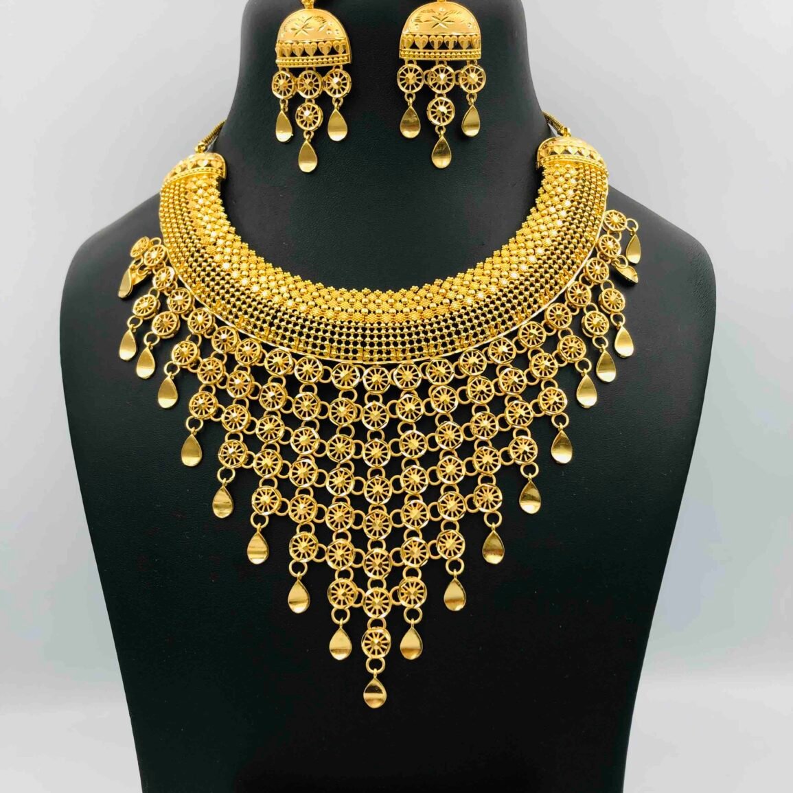 Gold-Tone Layered Statement Necklace Set with Jhumka Earrings