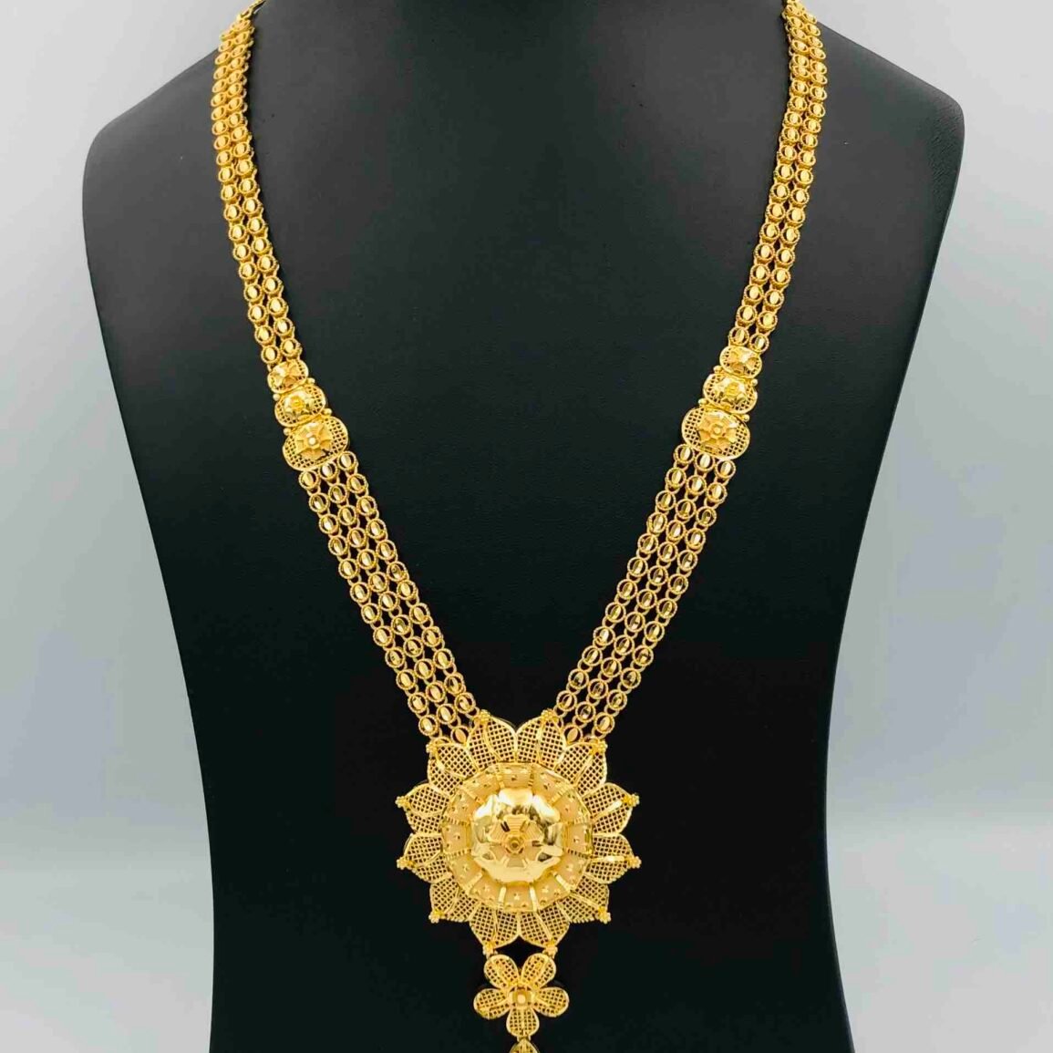 Gold-Plated Long Necklace Set with Floral Pendant and Matching Earrings