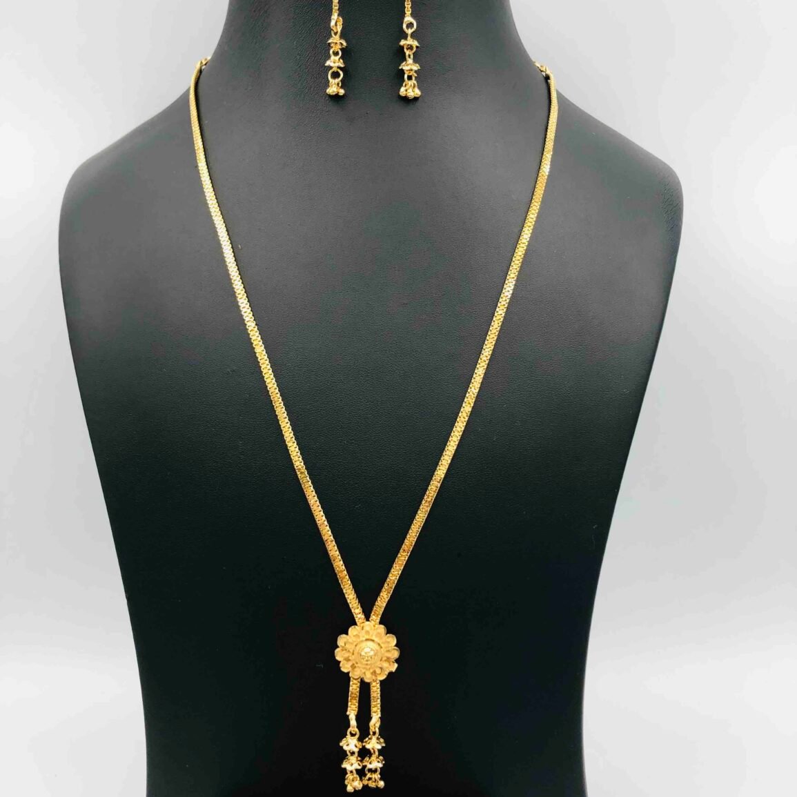 Gold-Plated Floral Pendant Long Necklace with Tassel Drops