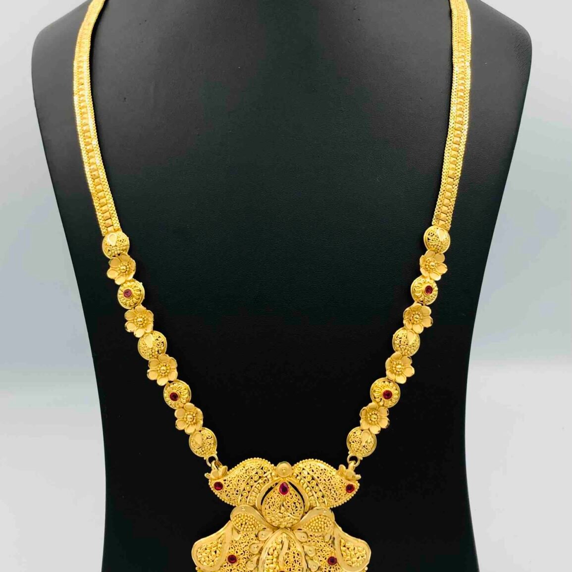 Gold-Plated Long Necklace with Red Accent Stones and Drop Earrings