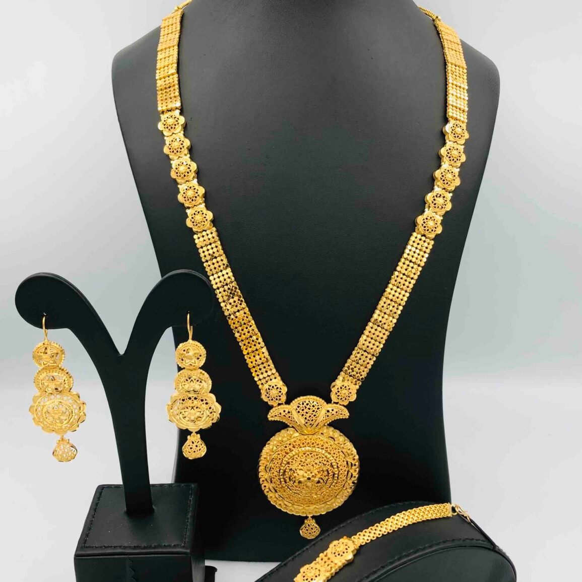 Gold-Plated Long Necklace Set with Matching Earrings and Bracelet