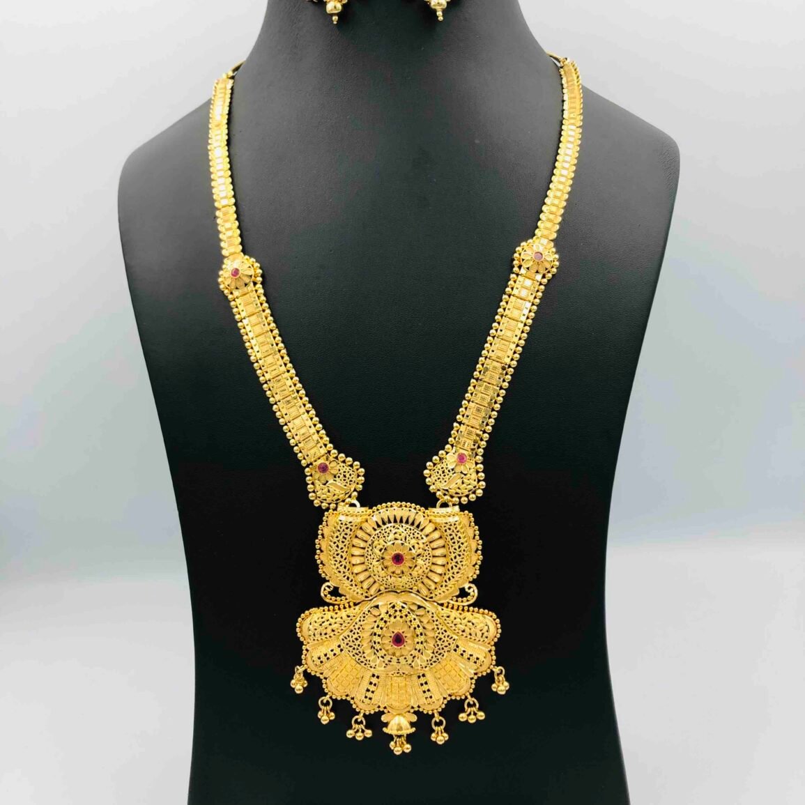Gold-Plated Long Necklace and Earring Set with Red Accent Stones