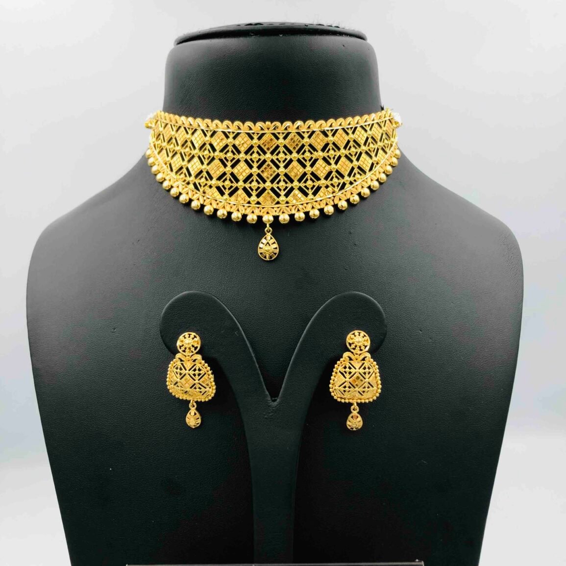 Gold-Plated Lattice Choker Necklace and Drop Earrings Set