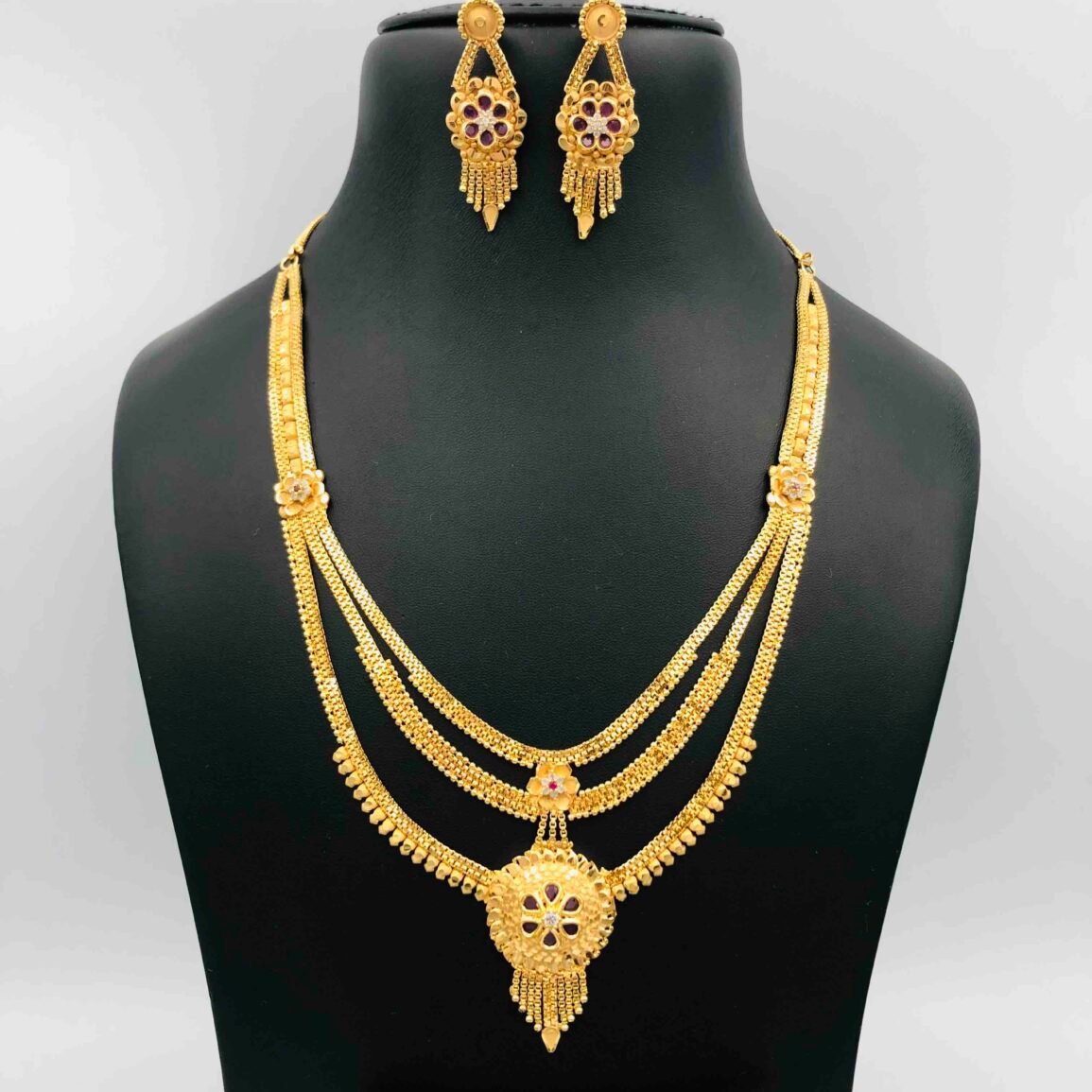 Layered Gold-Tone Necklace and Earring Set with Stone Accents