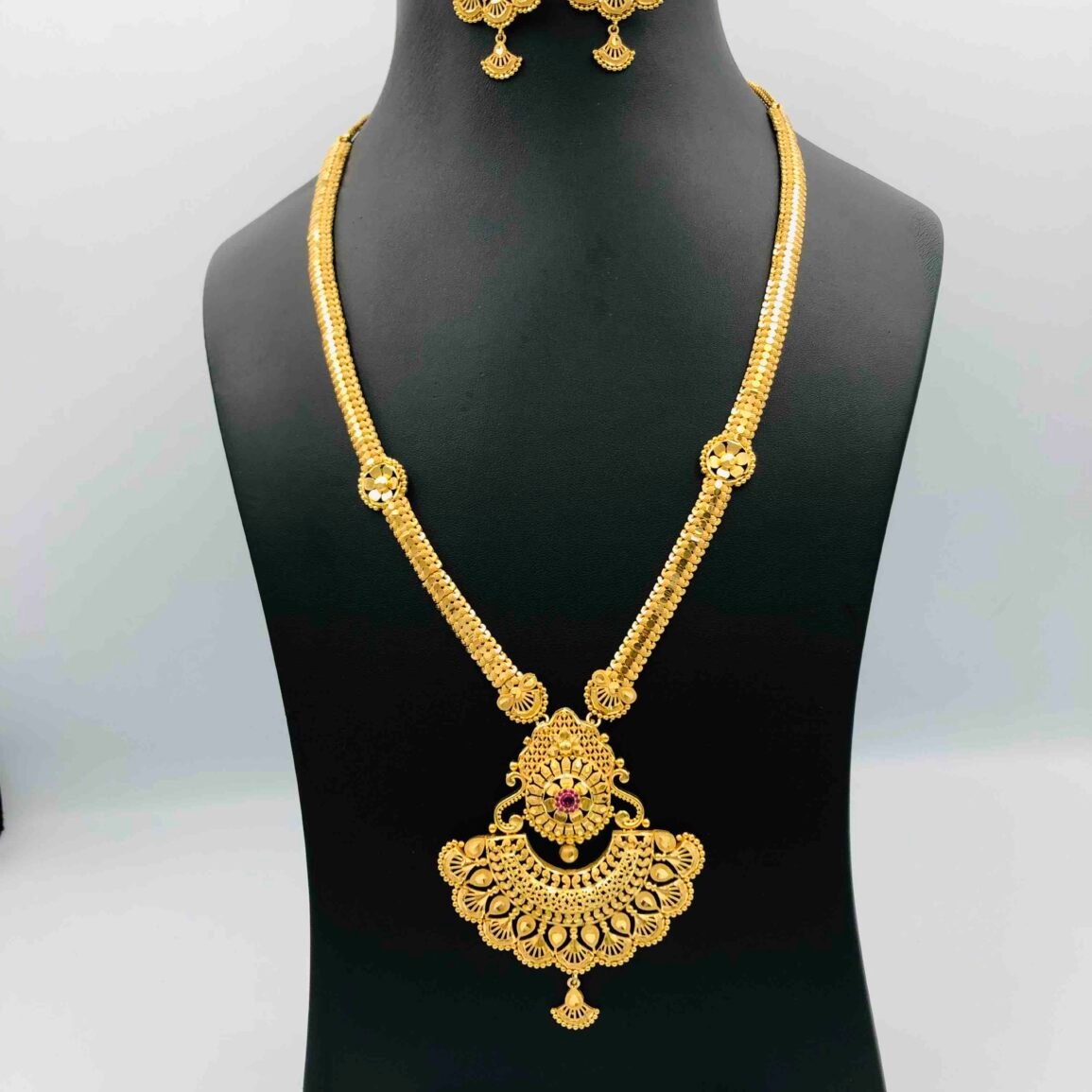 Gold-Tone Long Necklace Set with Floral Pendant and Matching Earrings