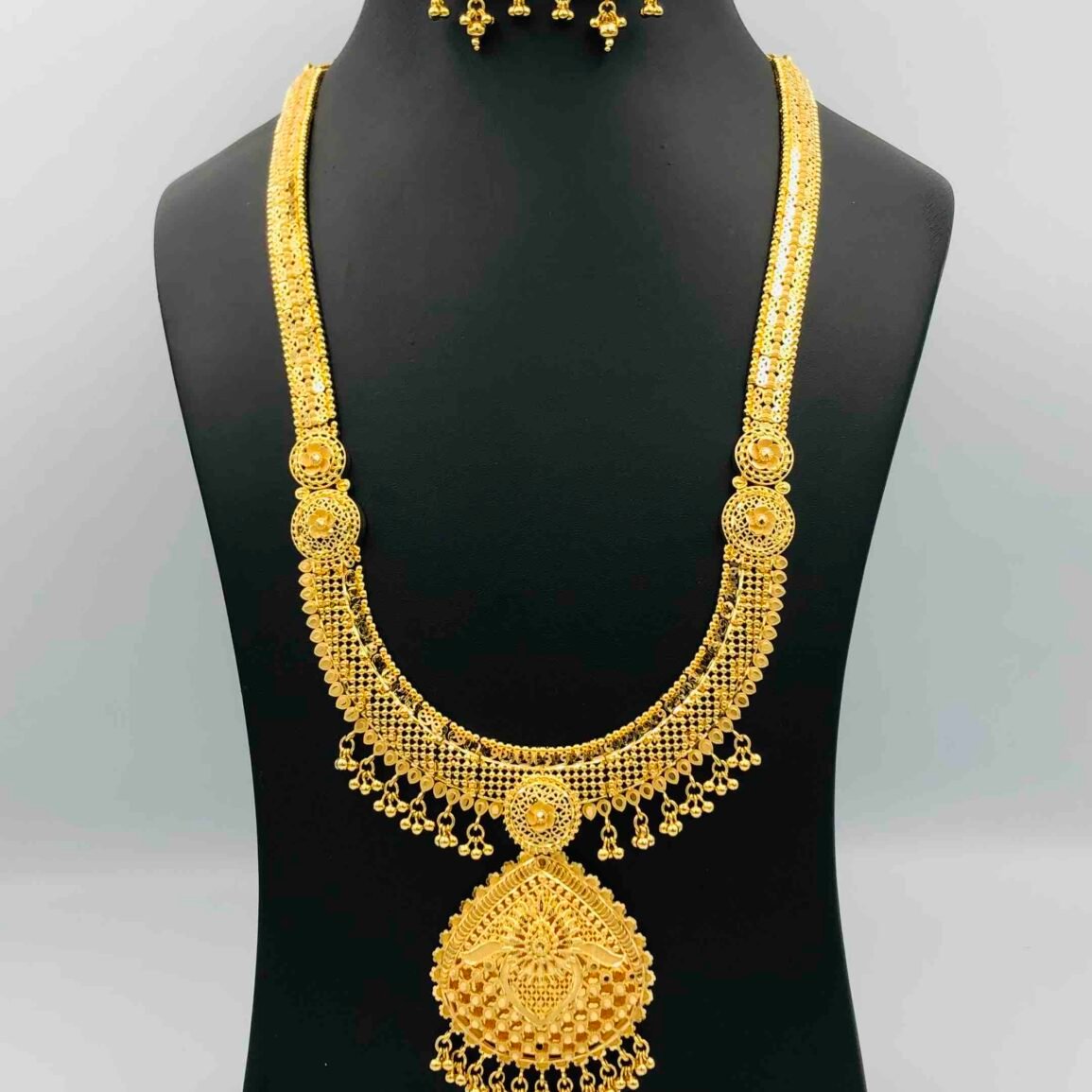 Gold-Plated Long Necklace and Drop Earring Set with Openwork Pendant