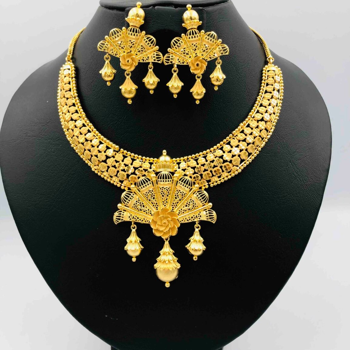 Gold-Plated Floral Fan Necklace and Earring Set