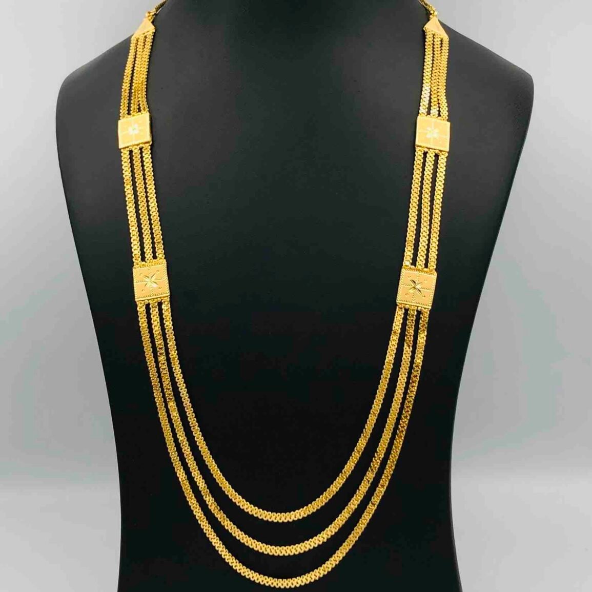 Three-Strand Gold-Plated Long Necklace with Square Decorative Panels
