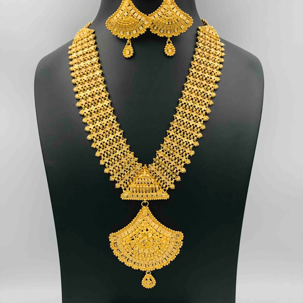 Gold-Plated Long Necklace Set with Matching Drop Earrings