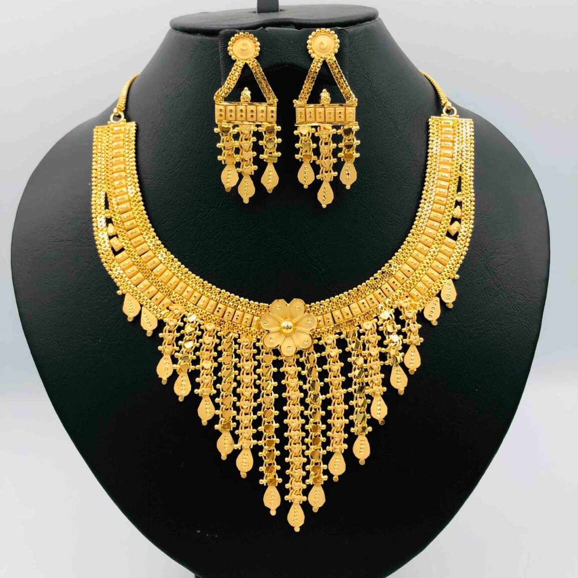 Gold-Plated Floral Drop Necklace and Earring Set