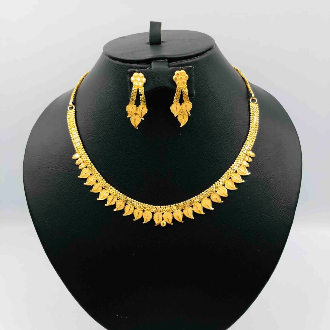Gold-Plated Leaf Motif Necklace with Matching Drop Earrings
