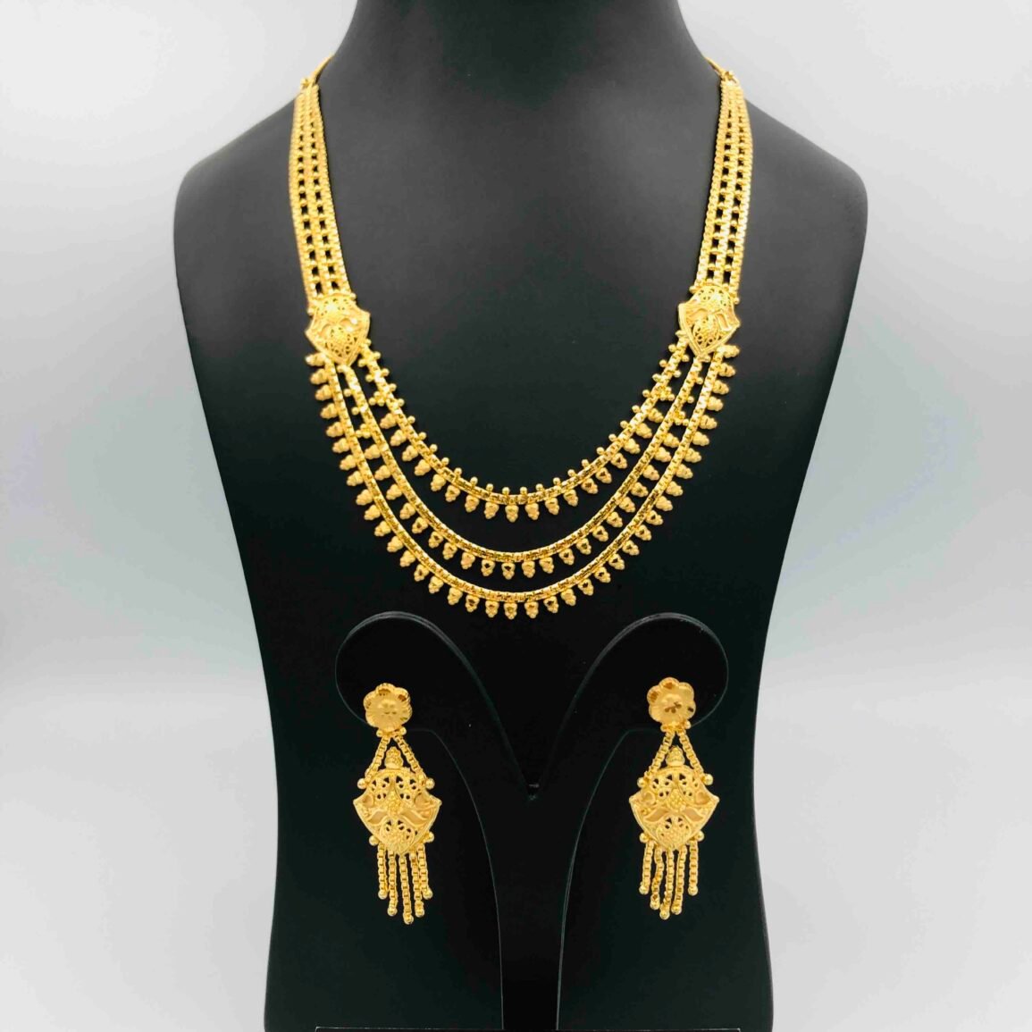 Gold-Tone Layered Long Necklace with Matching Drop Earrings