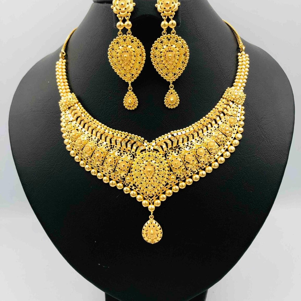 Gold-Plated Ornate Necklace and Drop Earring Set