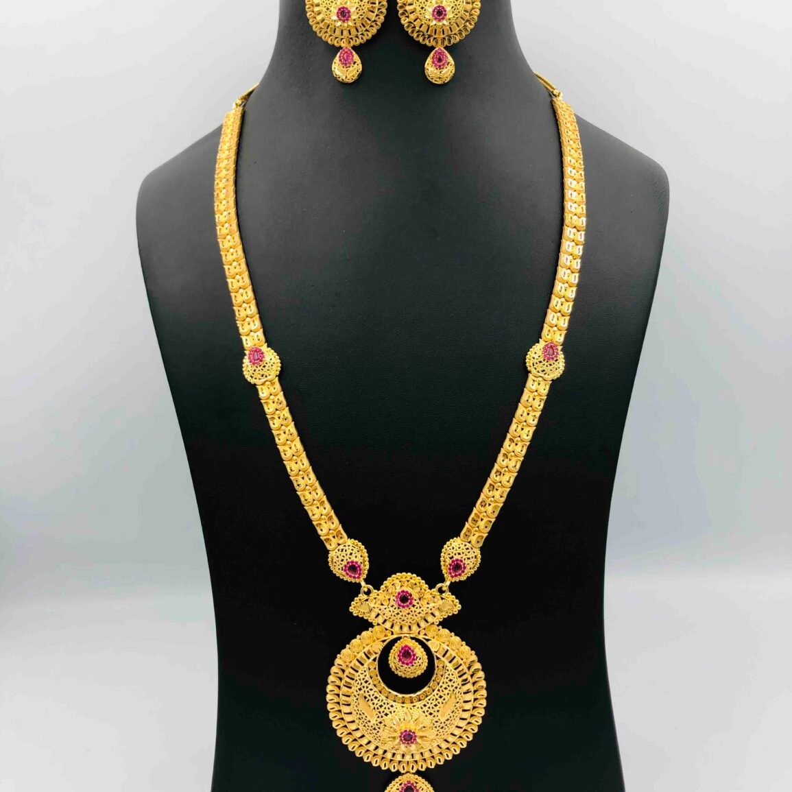 Gold-Plated Long Necklace with Pink Stone Accents and Matching Earrings