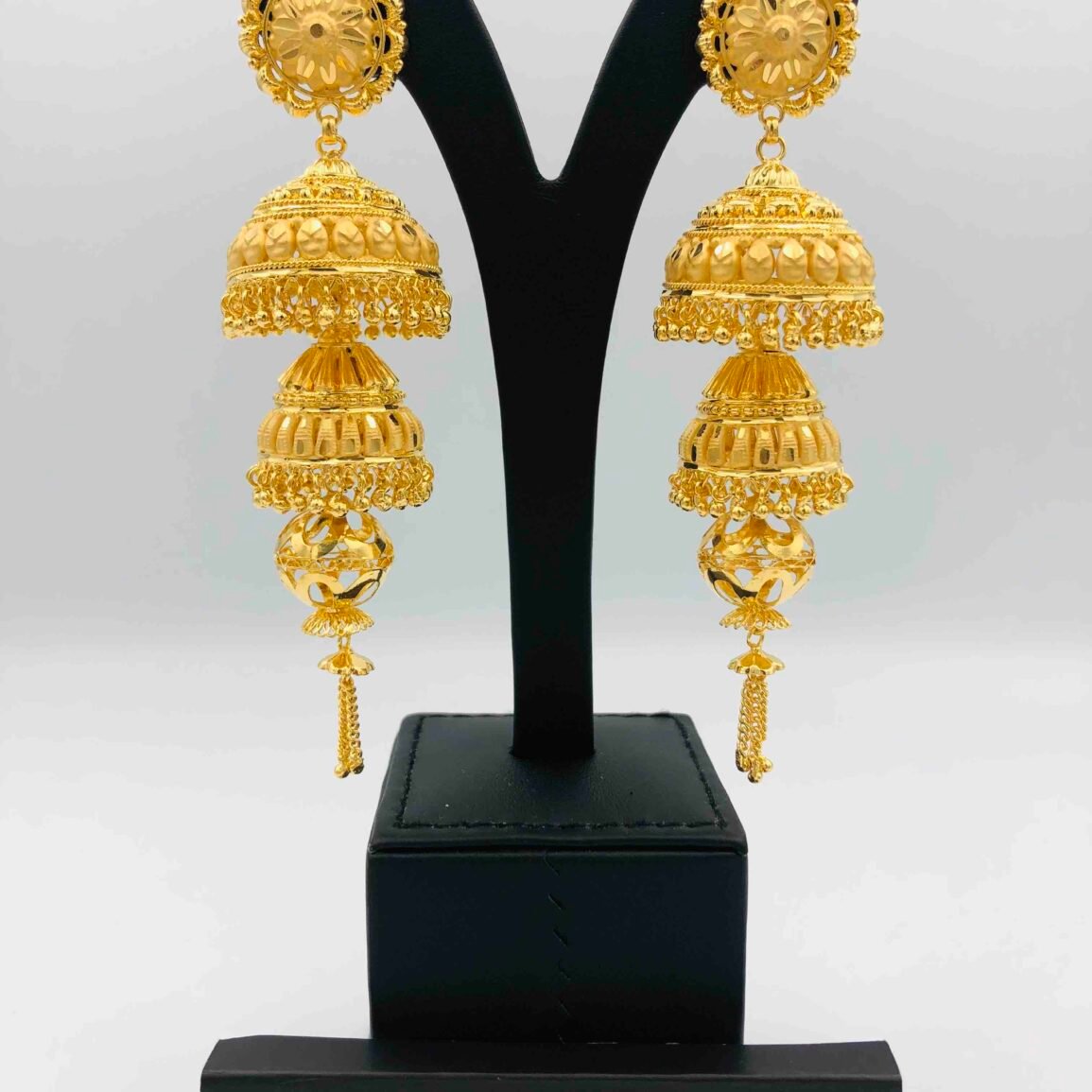 Gold-Plated Two-Tier Jhumka Earrings with Floral Filigree Stud Top