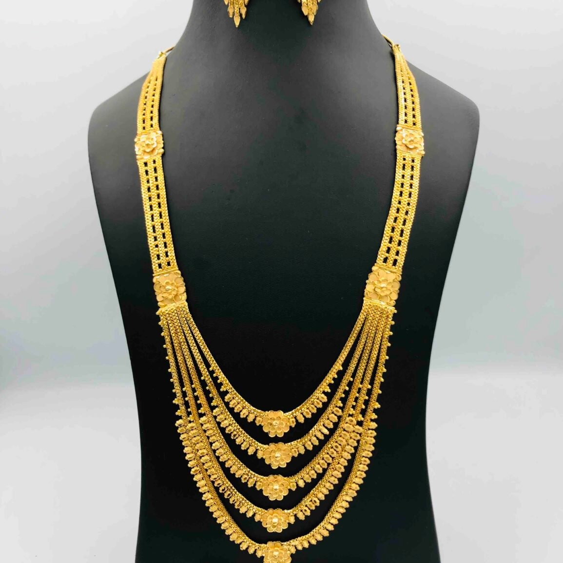 Gold-Plated Layered Long Necklace with Floral Motifs