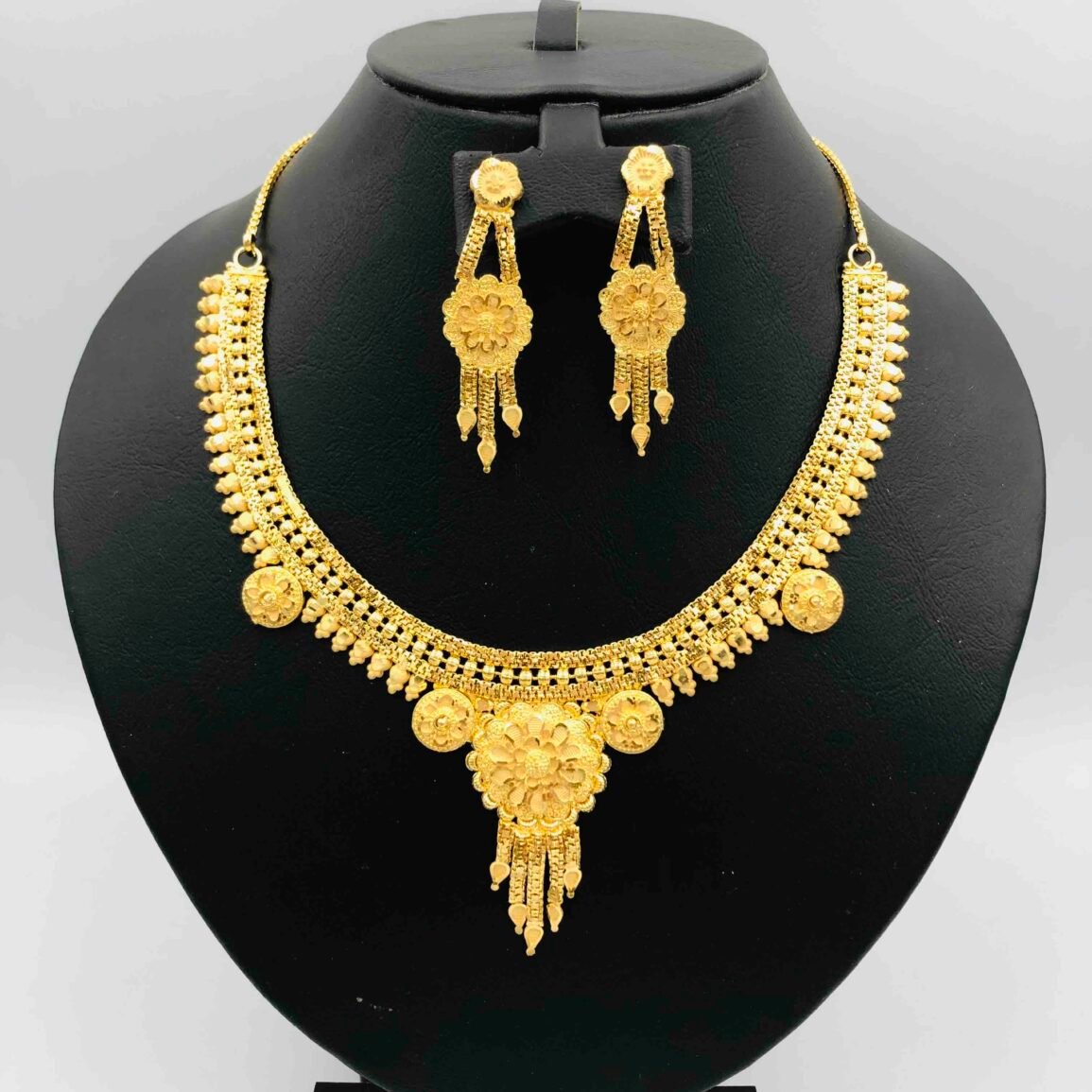 Gold-Plated Floral Necklace and Drop Earring Set