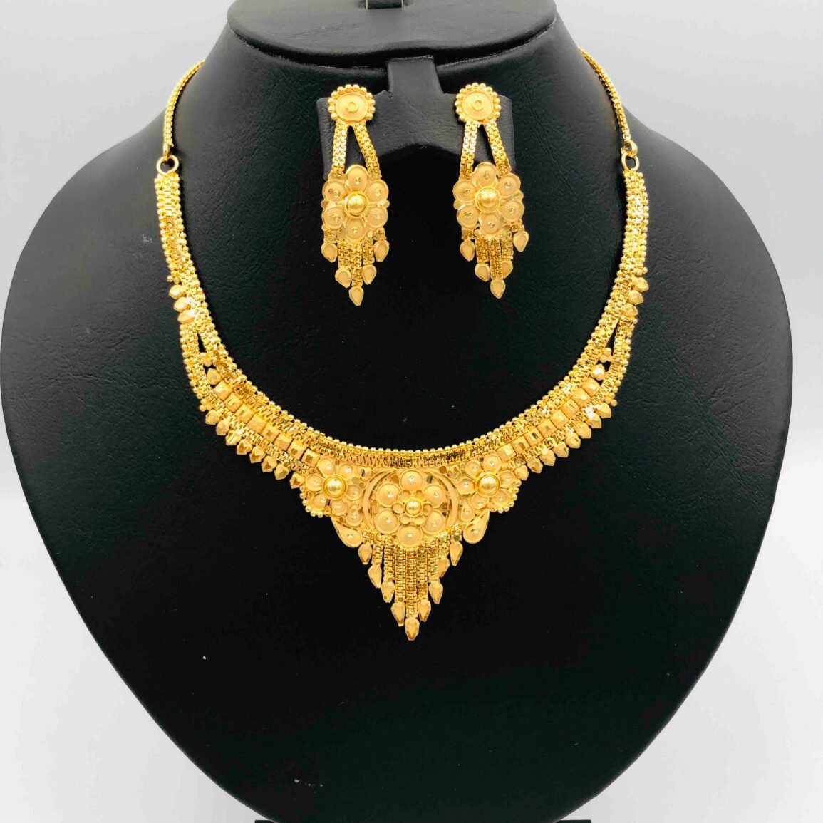 Gold-Plated Floral Necklace and Drop Earring Set