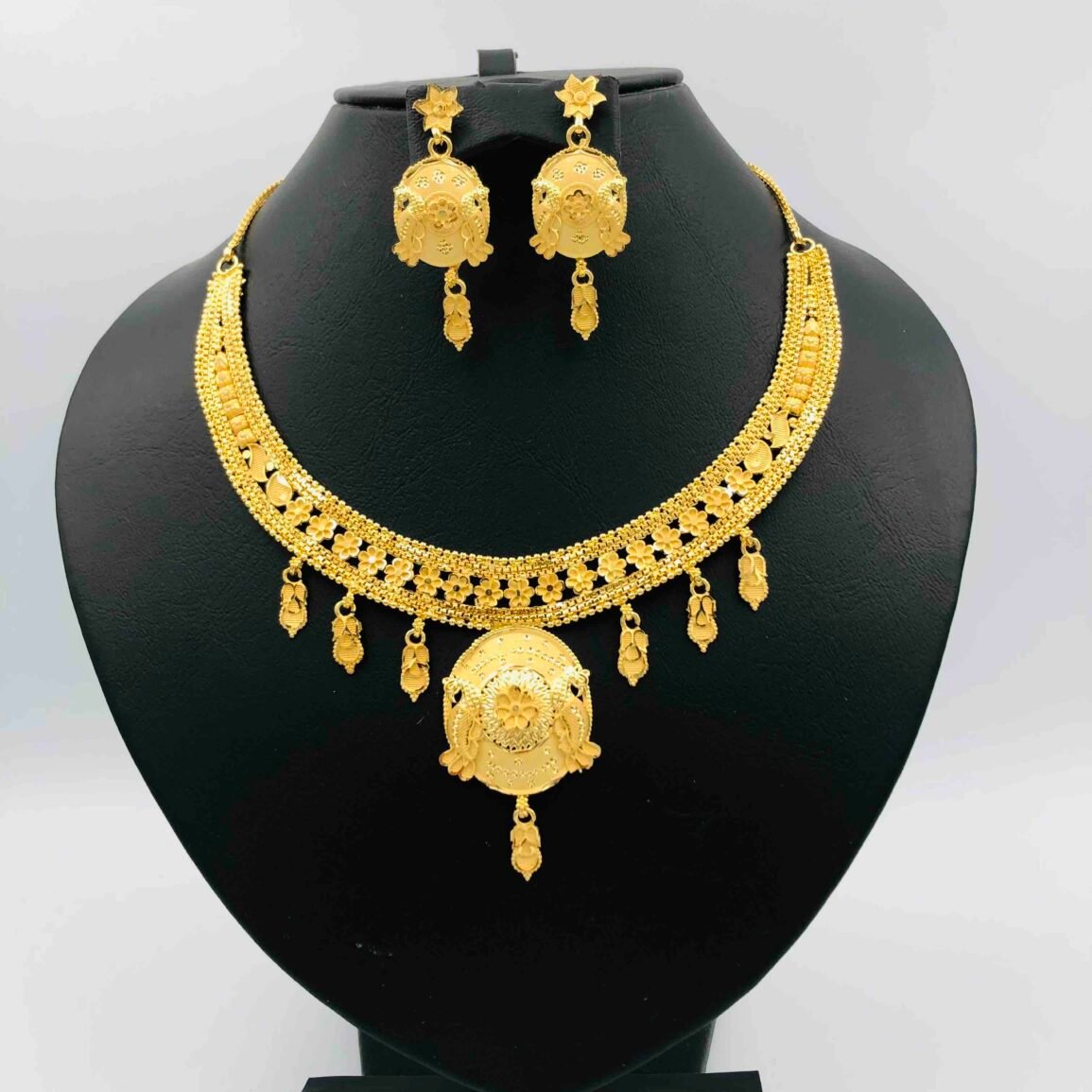 Gold-Plated Floral Necklace and Drop Earring Set