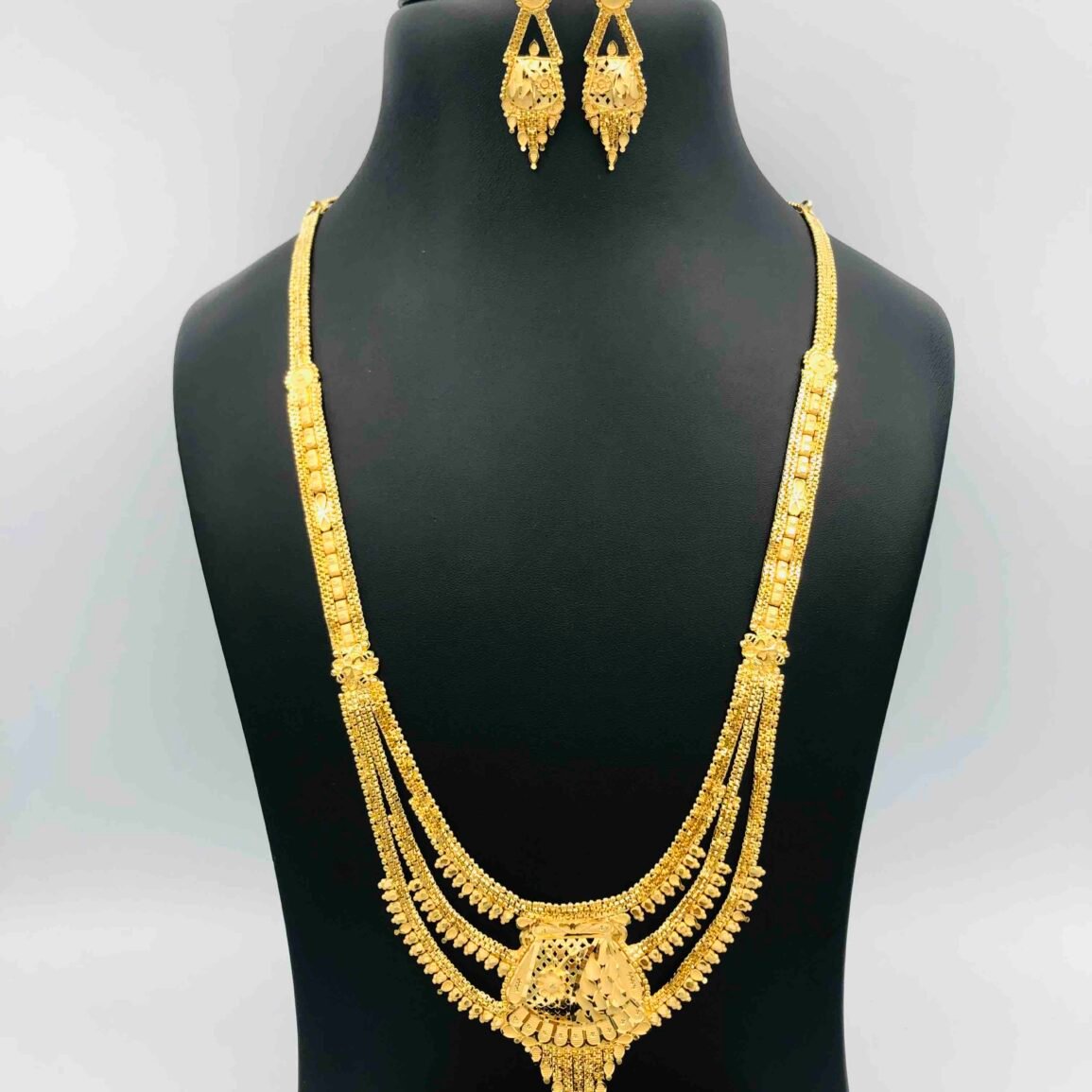 Layered Long Necklace with Matching Drop Earrings, Gold-Tone Finish