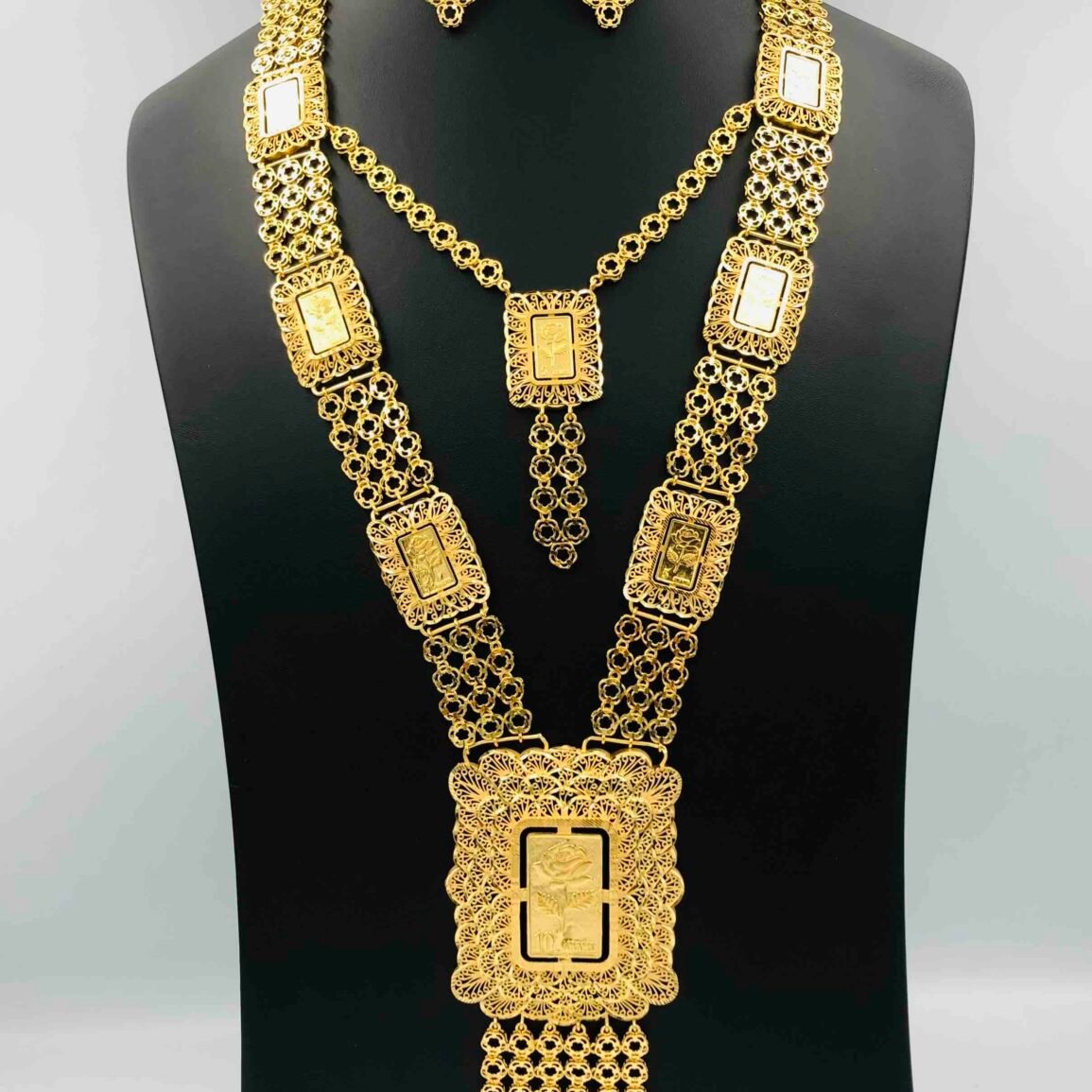 Gold-Plated Filigree Long Necklace Set with Matching Earrings