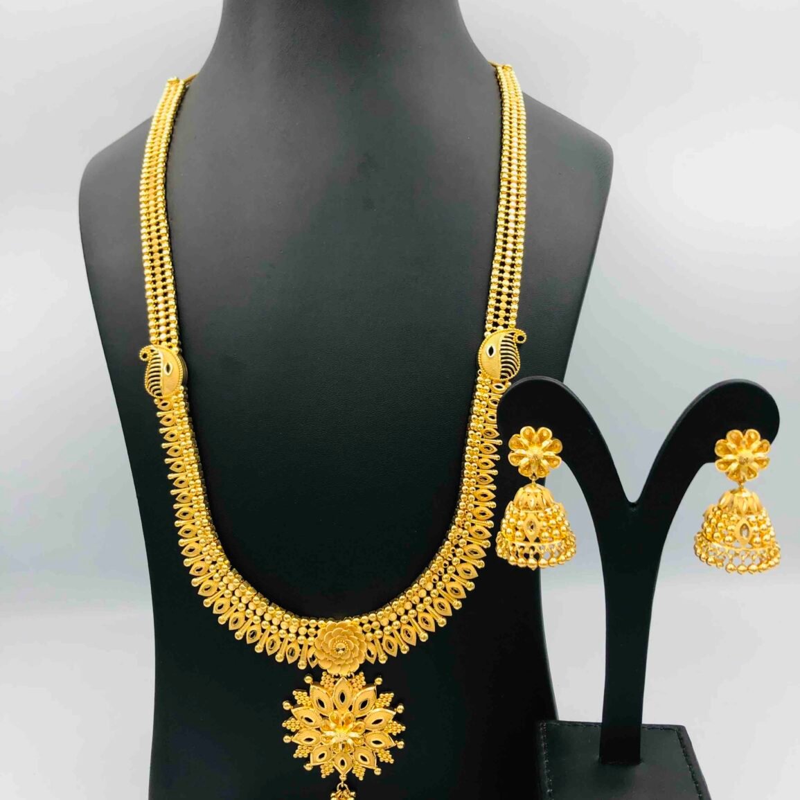 Traditional Gold-Finish Long Necklace with Jhumka Earrings